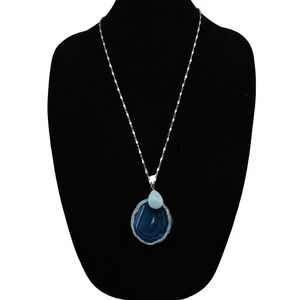 St. Thomas Gold Tone Blue Agate Geode Slice Double Pendant Long Necklace